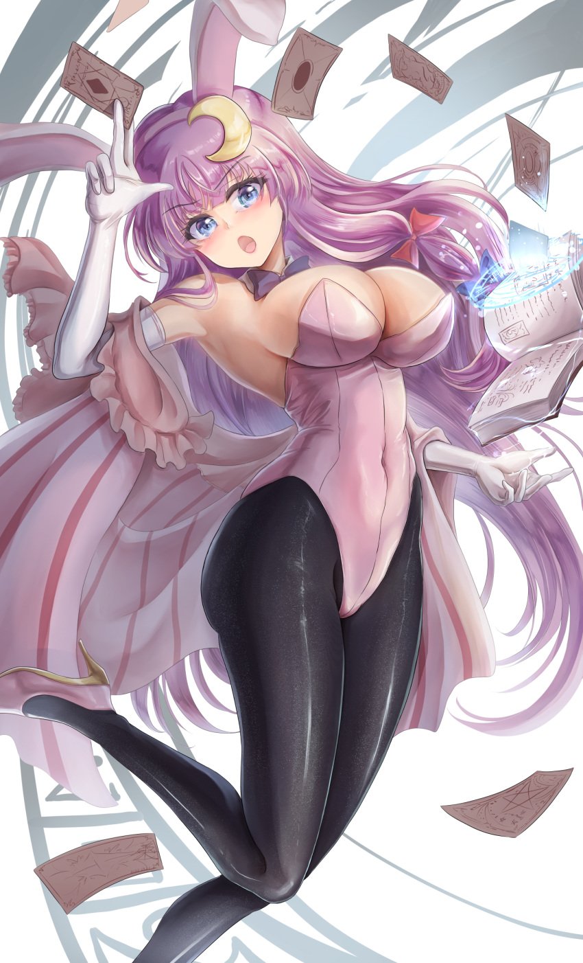 1girls big_breasts blue_eyes blush book breasts bunny_ears bunnysuit cleavage clothed clothing female grimoire long_hair namiki_(remiter00) patchouli_knowledge purple_hair solo spell touhou witch