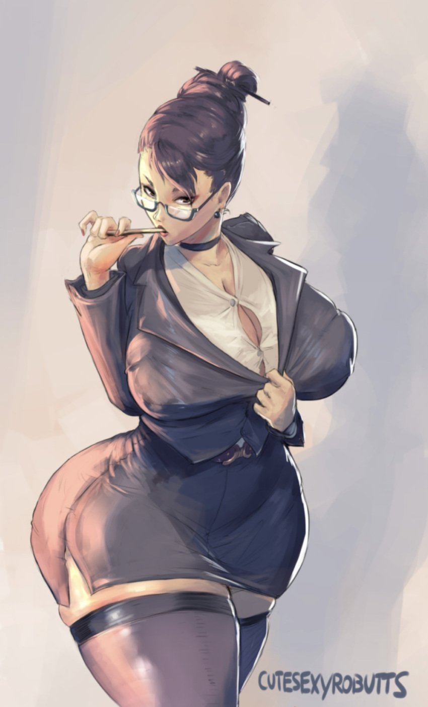 1girls alternate_costume big_ass big_breasts big_butt big_thighs brown_hair chun-li cutesexyrobutts glasses hair_bun hair_up huge_thighs office_clothing office_lady skirt solo stockings street_fighter suit teacher thick_ass thick_legs thick_thighs thighhighs