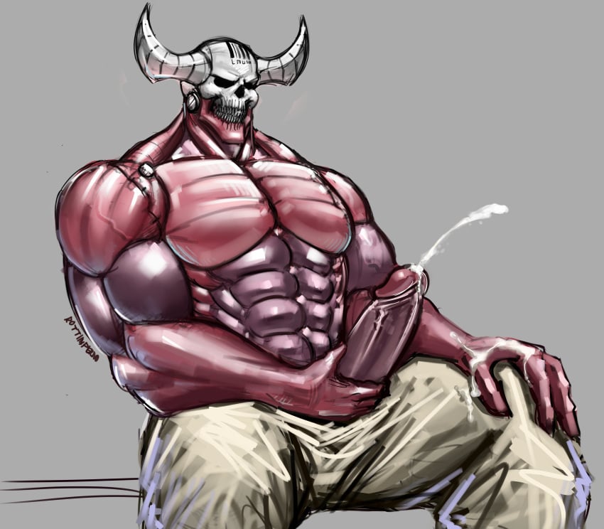 abs absurd_res biceps big_muscles big_penis bodily_fluids bone bottomwear clothing cum cum_on_hand cumshot demon ejaculation erect_nipples genital_fluids genitals hi_res huge_muscles humanoid male male_focus male_only masturbation muscular muscular_male nipples pants pecs penis rottinferno skull skull_head solo subject_67_(helltaker) void_eyes