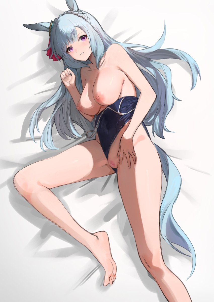 absurdres animal_ears barefoot blue_hair blue_swimsuit braid breasts censored clothes_pull corrugatedrush ear_ribbon female highres horse_ears horse_girl horse_tail large_breasts legs long_hair looking_at_viewer lying mejiro_ardan_(umamusume) mosaic_censoring nipples on_side one-piece_swimsuit parted_lips purple_eyes pussy red_ribbon ribbon soles solo swimsuit swimsuit_pull tail thighs toes tracen_swimsuit umamusume