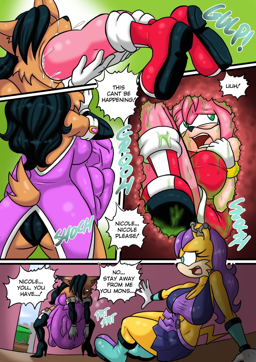 absurd_res amy_rose android anthro archie_comics ass big_breasts big_butt breasts bulge cleavage clothed clothing comic digital_creature duo eulipotyphlan felid feline female female/female female_pred female_prey forced group hedgehog hi_res imminent_digestion imminent_vore imprints internal large_breasts lynx machine mammal mina_mongoose mobian_hedgehog mobian_lynx mobian_pred mobian_prey natsumemetalsonic nicole_the_lynx oral_vore rear_view robot same_size sega skirt sonic_(series) sonic_the_hedgehog_(archie) sonic_the_hedgehog_(comics) sonic_the_hedgehog_(series) swallowing taste_of_life_(remastered) thick_thighs thighs trio unwilling_prey unwilling_vore vore wankerscramp willing_pred willing_vore