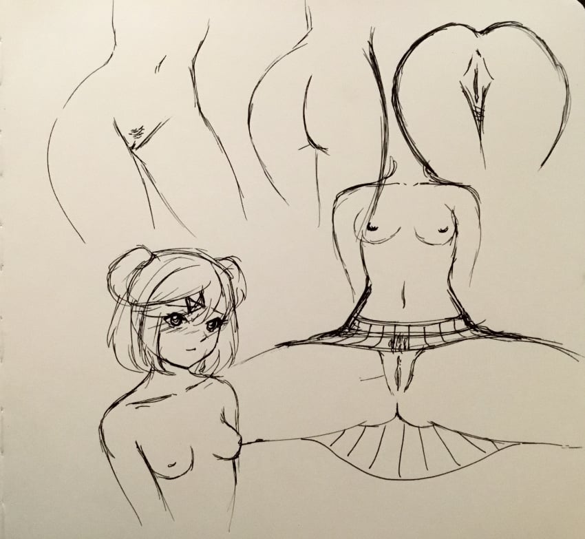 ass blush butt cute dbagdraws doki_doki_literature_club drawing flat_chest flat_chested fluffyearedfox looking_at_viewer natsuki_(doki_doki_literature_club) no_panties pigtails pubic_hair pussy sketch skirt small_ass standing teenager twintails young