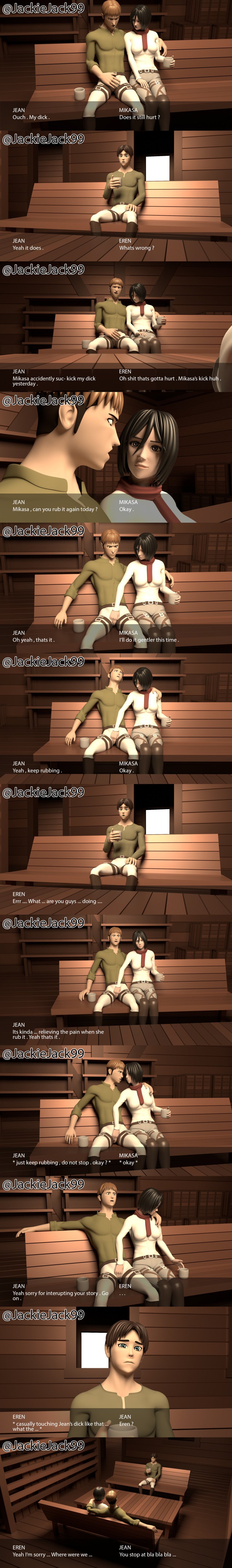 1girls 3d 3d_(artwork) attack_on_titan black_eyes black_hair cheating cuckold eren_jaeger hidden hiding jackiejack99 jean_kirstein jeankasa mikasa_ackerman netorare shingeki_no_kyojin