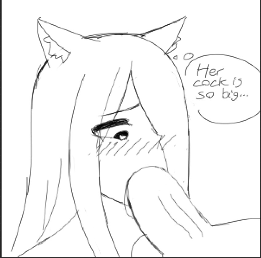 big_penis black_eyes black_hair cat_ears cat_tail catboy dbagdraws deep_blowjob dialogue femboy fluffyearedfox futa_on_femboy futa_on_male futanari hair_covering_eye hands-free male_sucking_futa nikko_(dbagdraws) oral oral_sex penis shy size_talk skinny surprised tagme text throat_fuck uncensored worried