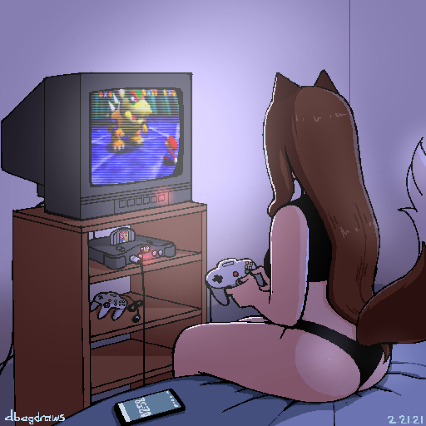 1girls animal_ears ass bed brown_eyes brown_hair butt cat_ears cat_tail clothing controller dbagdraws electronics female fluffyearedfox fox_ears fox_girl fox_tail fringe game_console game_controller gaming long_hair mario_(series) nintendo nintendo_64 pale_skin petite phone playing_videogame ruby_(dbagdraws) sitting sitting_on_bed super_mario_64 teenager television video_games