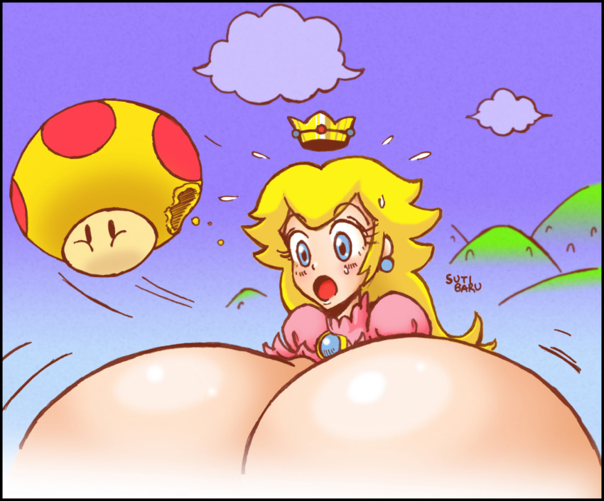 1girls blush breast_expansion breasts_bigger_than_head breasts_bigger_than_torso eating enormous_breasts gigantic_breasts growth huge_breasts hyper hyper_breasts long_hair mario_(series) massive_breasts mega_mushroom mushroom princess_peach shocked super_mario_bros. sutibaru tagme