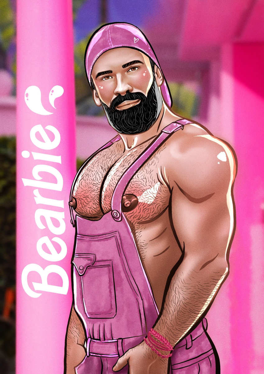 andyartering beard bodybuilder english_text hairy_chest latino looking_at_viewer male male_only muscles muscular muscular_male overalls real_person snapback wolvy_ar