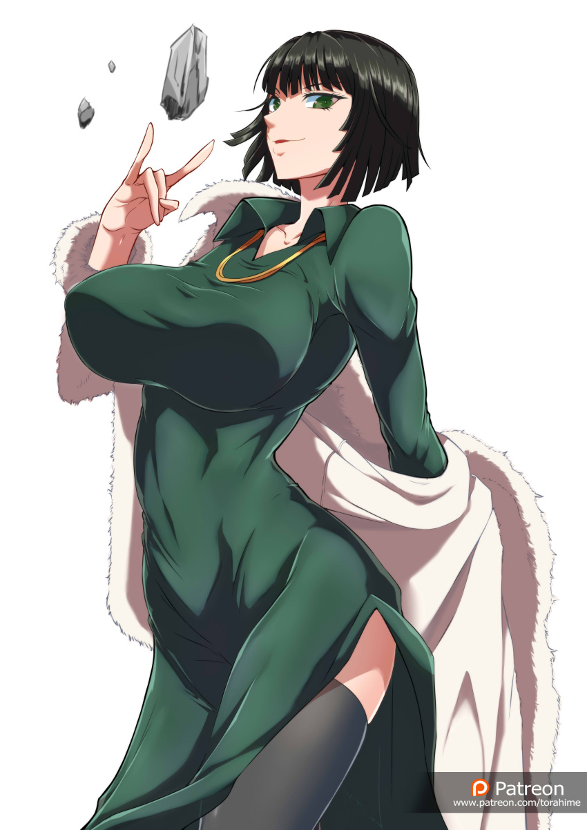 1girls big_breasts breasts cleavage clothed clothing coat collarbone covered_nipples curvaceous curvy curvy_body fubuki_(one-punch_man) green_dress green_eyes green_hair heroine hips legs legs_together light-skinned_female one-punch_man solo torahime