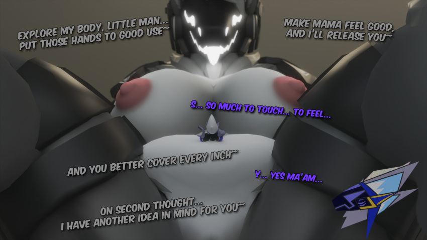 anthro armor armor_only belly big_breasts blep bottom_view breasts crotch_shot dialogue dominant dominant_female duo female glowing glowing_eyes glowing_face glowing_mouth glowing_tongue inside larger_female looking_at_another looking_down_at_partner machine macro male male/female mamagen micro nipples perspective porn_dialogue protogen raeal_the_protogen raeal_the_protogen_(artist) raised_tail size_difference smaller_male spread_legs spreading teasing tongue tongue_out visor visor_helmet watermark