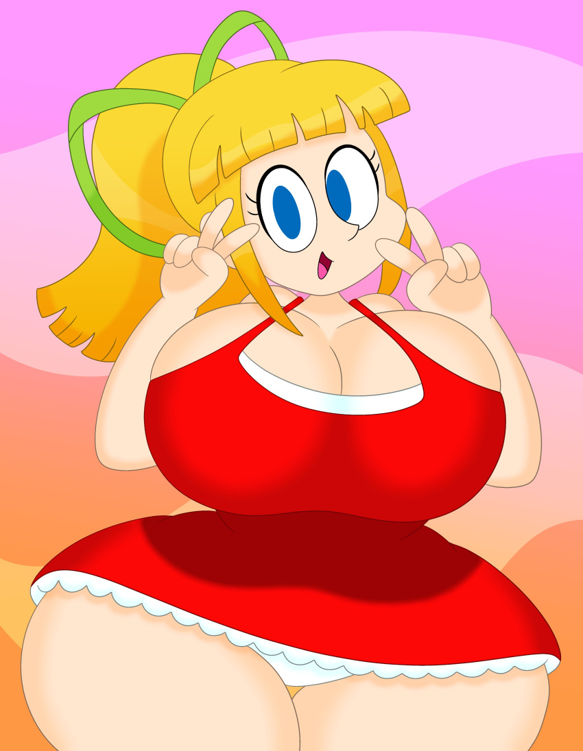 1girls 3barts big_breasts blonde_hair blue_eyes breasts busty cleavage clothing dress female female_only hair_ribbon huge_breasts large_breasts looking_at_viewer mega_man mega_man(classic) red_dress rockman roll solo thick_thighs v_sign wide_hips