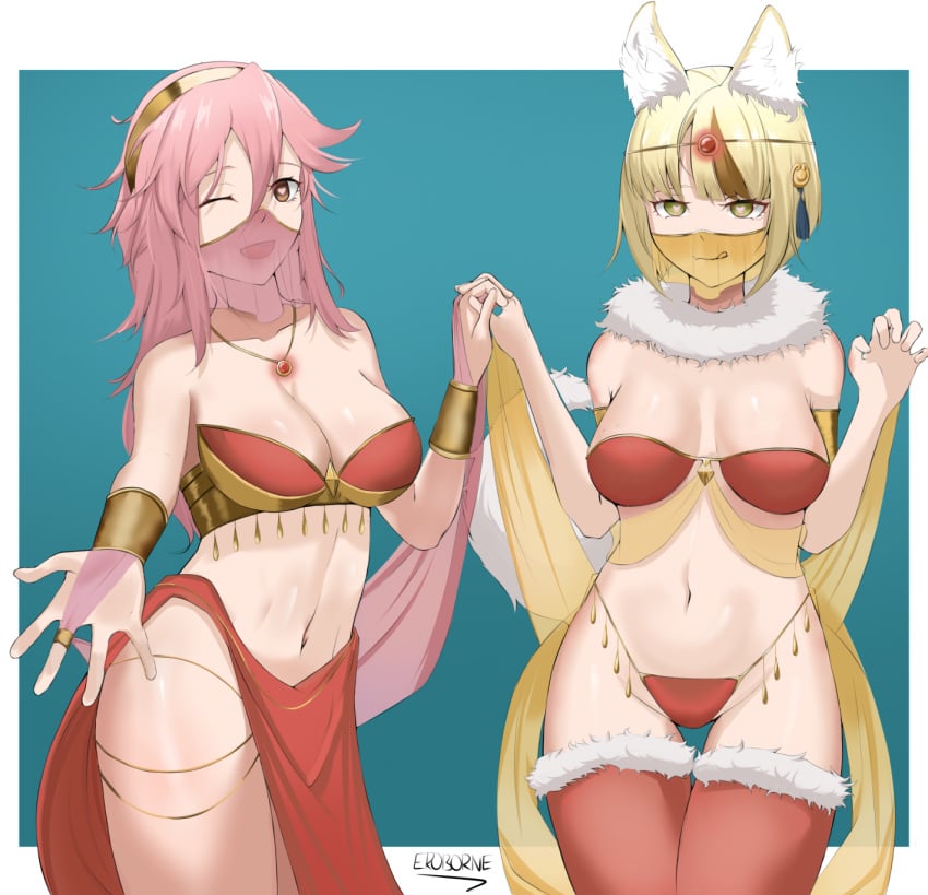 2girls animal_ears blonde_female blonde_hair breasts brown_eyes cleavage dancer dancer_outfit eroborne female female_only fire_emblem fire_emblem_fates fully_clothed harem_outfit heart-shaped_pupils holding_hands long_hair looking_at_viewer medium_breasts mouth_veil multiple_girls nintendo open_mouth pink_hair reaching_out revealing_clothes see-through selkie_(fire_emblem) short_hair skimpy_clothes smile soleil_(fire_emblem) stockings veil yellow_eyes