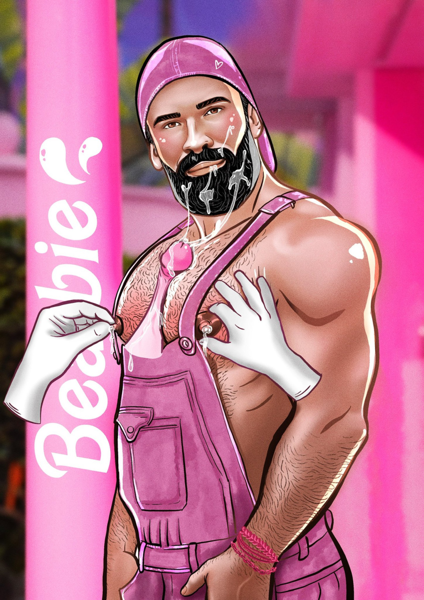 andyartering beard bodybuilder boner cum cum_covered english_text erect_penis erection facial hairy_chest hard_on lactating latino leaking_milk looking_at_viewer male male_lactation male_only muscles muscular muscular_male nipple_play nipple_tweak overalls pecfuck pecfucking pecjob real_person snapback wolvy_ar