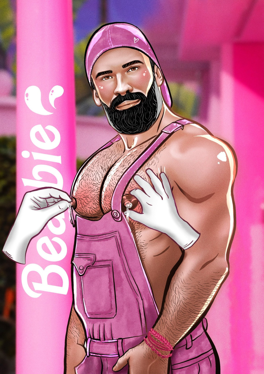 andyartering beard bodybuilder english_text hairy_chest lactating latino leaking_milk looking_at_viewer male male_lactation male_only muscles muscular muscular_male nipple_play nipple_tweak overalls real_person snapback wolvy_ar