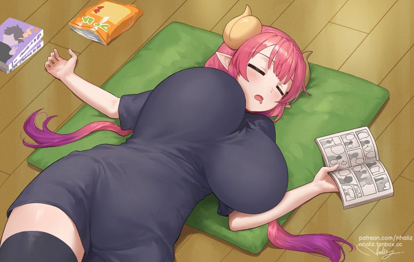 arms_stretched big_breasts clothed clothed_female clothing dragon_girl hi_res high_resolution highres huge_breasts ilulu_(dragon_maid) kobayashi-san_chi_no_maidragon laid_down miss_kobayashi's_dragon_maid nhaliz pink_hair sleeping thighhighs tight_clothing