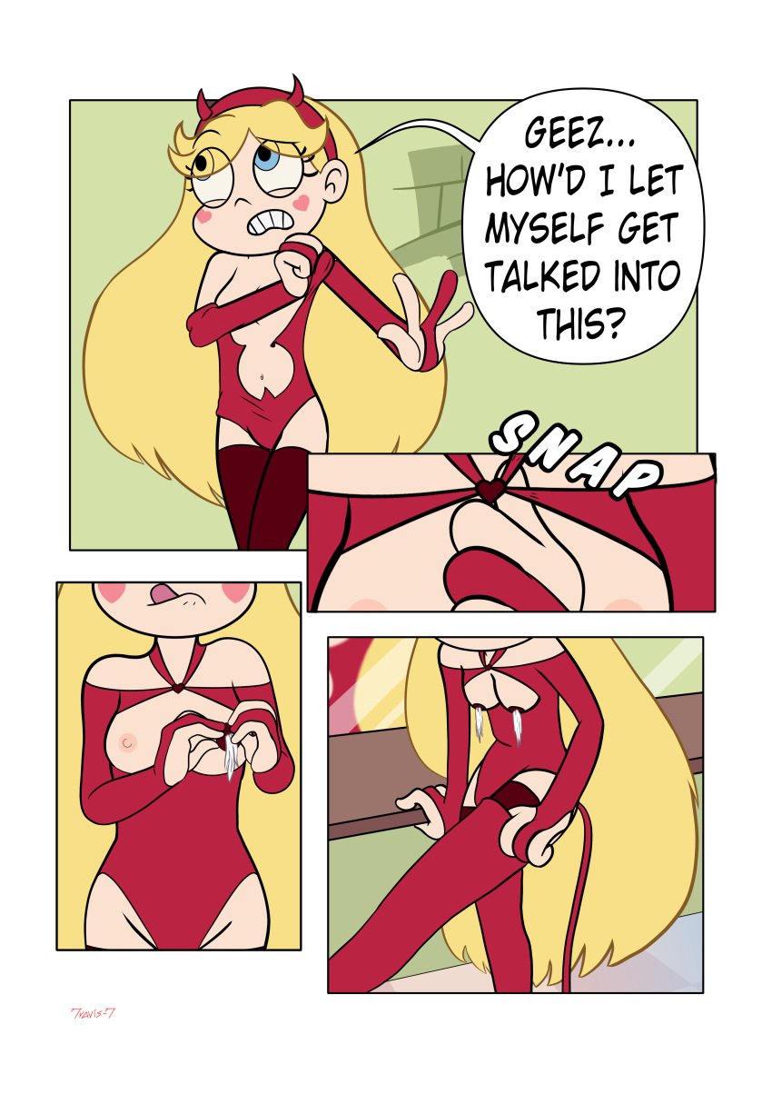 a_star_is_porn_(comic) bare_chest blonde_hair blue_eyes boots comic comic_page disney disney_channel disney_xd dressing english_text female groin hairband legs leotard long_boots long_hair nipples pettanko red_hairband red_leotard small_breasts star_butterfly star_vs_the_forces_of_evil tail teenage teenage_girl teenager tight_clothes tongue tongue_out travis-t_(artists)