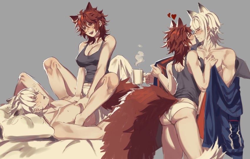 1boy 1girls 2023 animal_ear_fluff animal_ears aosta_(arknights) arknights ass bed blush bra breast_press breasts chiave_(arknights) cleavage coffee coffee_mug collarbone couple cute female fluffy_tail fox_ears fox_girl fox_tail ginger_hair grey_background half_naked heart hi_res kemonomimi kissing light-skinned_female light-skinned_male light_skin lying lying_on_back male messy_hair mug multi_ear muscular muscular_male panties pillow red_eyes red_hair rule_63 scar short_hair simple_background sitting sitting_on_person smile smooch standing straight tail tank_top underwear weichunchunn white_hair white_panties wolf_boy wolf_ears wolf_tail