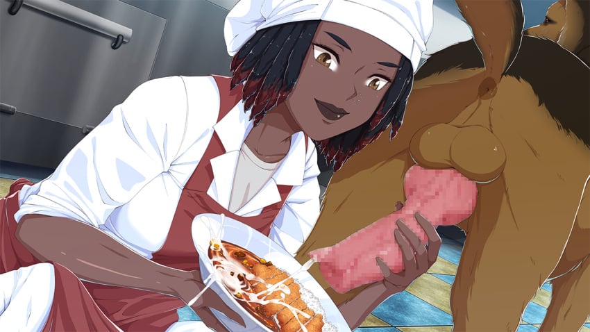 1boy 1girls anus ark_thompson_(blueaxolotl) black_female black_skin blue_axolotl canine censored chef chef_hat cooking cum cum_on_food curry dark-skinned_female dark_skin feral food game_cg handjob kitchen kitchen_counter knot knotted_penis looking_back looking_down mosaic_censoring nose_piercing nose_ring peakjump rice slice_of_school smile tambara zoophilia