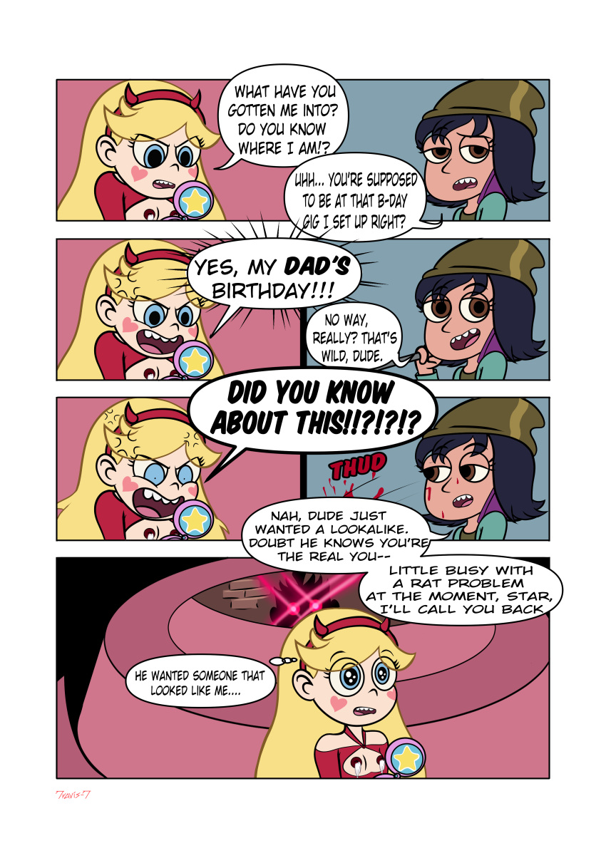 2girls a_star_is_porn_(comic) angry black_hair blonde_hair blue_eyes boots cake calling cap comic comic_page disney disney_channel disney_xd english_text hairband janna_ordonia legs leotard long_boots long_hair multiple_girls pettanko red_hairband red_leotard shining_eyes small_breasts star_butterfly star_vs_the_forces_of_evil tail teenage teenage_girl teenager tight_clothes travis-t_(artists)