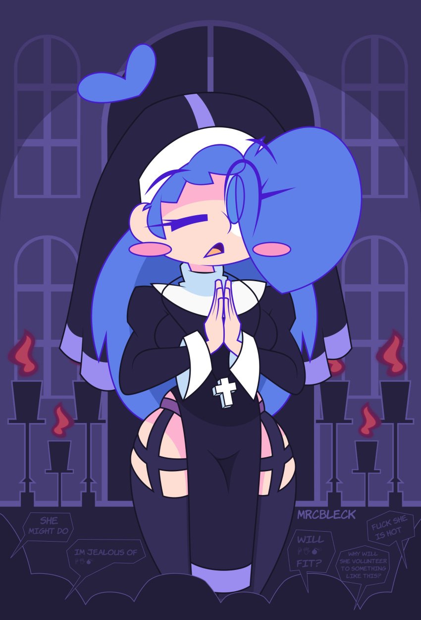 becky_(mrcbleck) blue_eyes blue_hair cross_necklace mrcbleck nun nun's_habit one_eye_closed praying rosary tagme