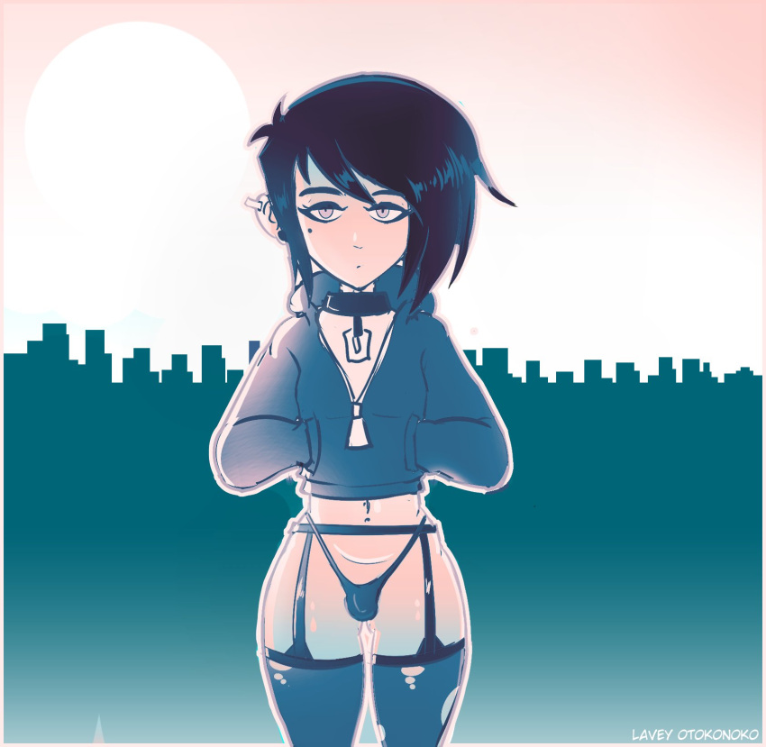 1boy 2022 artist_name asymmetrical_hair beauty_mark black_hair blue_theme bulge collar ear_piercing emo eyeliner femboy garter_belt garter_straps girly hoodie lavey lavey-otokonoko male male_only monochrome navel_piercing original penis_in_panties solo_male thighhighs