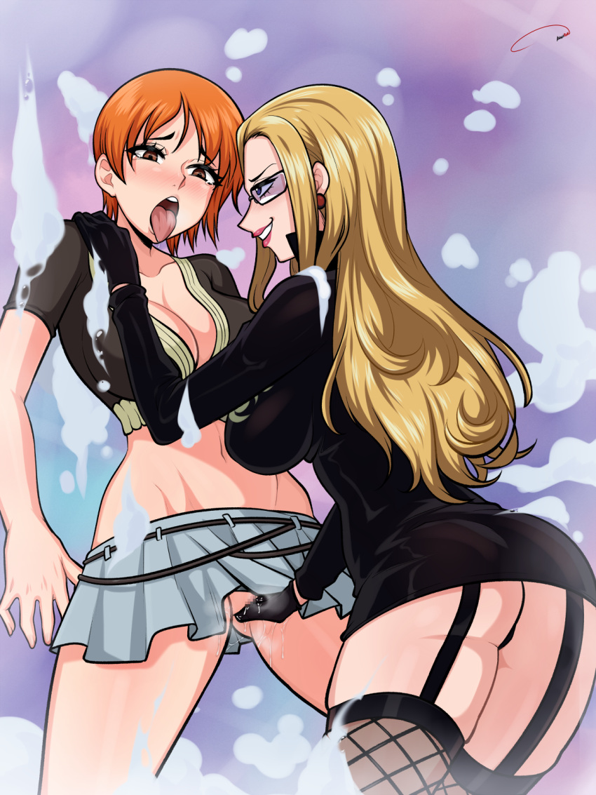 2girls ahe_gao aldharoku awa_awa_no_mi blonde_female blonde_hair breasts busty cleavage cp-9 female female/female female_only fingering fingering_pussy kalifa kalifa_(one_piece) lesbian_sex multiple_girls nami nami_(one_piece) no_panties one_piece open_mouth orange_hair pleasure_face pleated_skirt pre-timeskip tears tongue_out voluptuous yuri