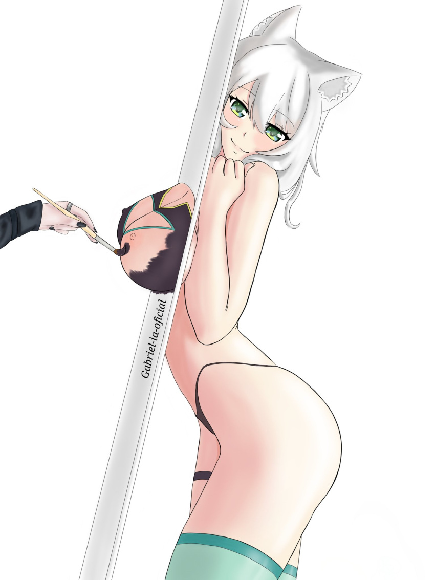 1girls 2022 black_thong breasts cat_ears gabriel-ia-oficial green_eyes hand hi_res hizuki_miu light-skinned_female light_skin mitsurugi_lia paintbrush short_hair smile smiling thong virtual_youtuber wactor wactor_jp wactor_production white_background white_hair