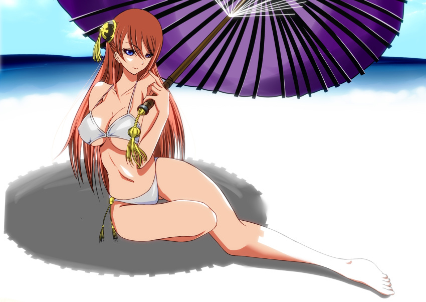 aged_up beach big_breasts bikini blue_eyes bun_cover cleavage female female_only gintama gintama:_be_forever_yorozuya hair_ornament kagura_(gintama) long_hair looking_at_viewer marishiten orange_hair parasol sitting smile solo swimsuit thigh_gap umbrella underboob white_bikini wide_hips