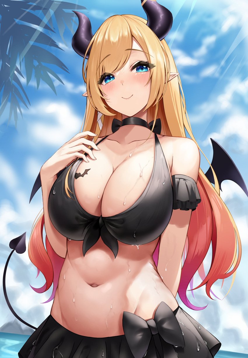 bat_print bat_tattoo bat_wings beach bikini blonde_female blonde_hair blue_eyes bow elf_ears hand_on_breast heart_tail hololive hololive_gen_2 hololive_japan horns neck_bow pointy_ears roina skirt succubus sunlight sweatdrop virtual_youtuber wet yuzuki_choco