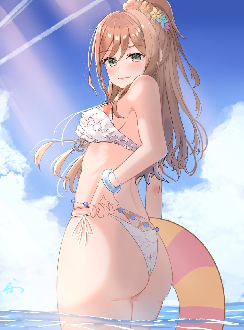 ass ass_focus bang_dream! bikini blush breasts commission commissioner_upload female from_behind grey_eyes imai_lisa kuwahara_taiki long_hair looking_at_viewer ponytail sideboob skeb_commission solo swimsuit water wedgie