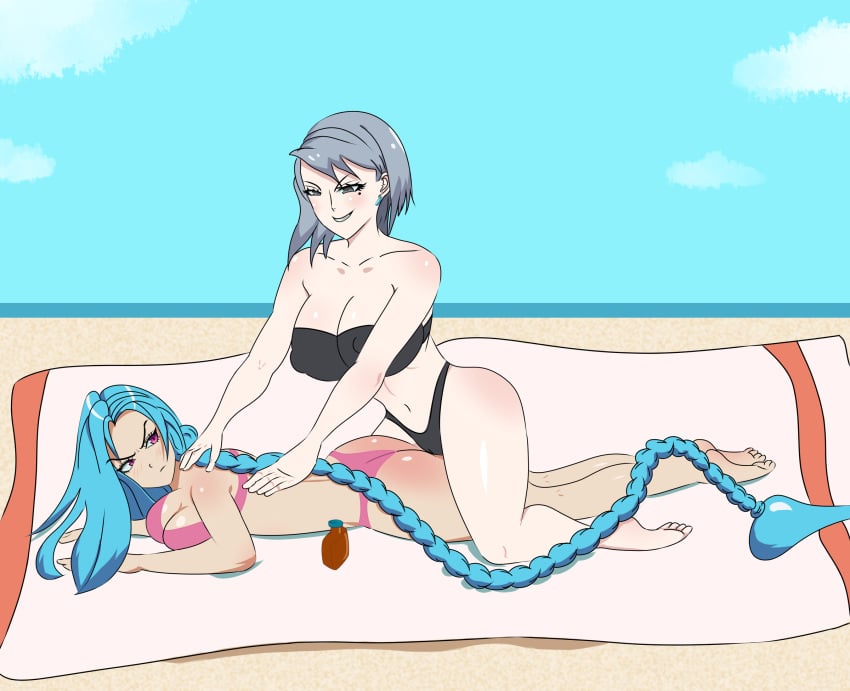 2girls angry anoneysnufftan applying_sunscreen beach bikini blue_hair blush_lines crossover earrings eastern_and_western_character edasbild embarrassed female female_only green_hair grey_eyes gyakuten_saiban huge_breasts humiliation imminent_death jinx_(league_of_legends) karuma_mei killer_lotion league_of_legends looking_back lotion massage murder on_stomach peril pink_eyes punishment rubbing sitting_on_person snuff summer sunbathing sunscreen swimsuit towel