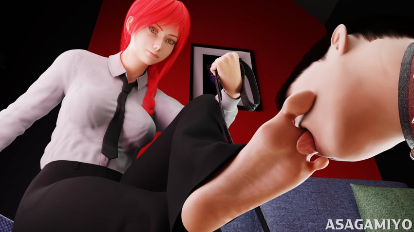 1boy 1girls asagamiyo barefoot chainsaw_man collar domination dominatrix feet female femdom foot_fetish foot_focus foot_lick foot_worship leash makima_(chainsaw_man) male nail_polish red_hair red_nails red_toenails slave soles toenail_polish toenails toes yellow_eyes