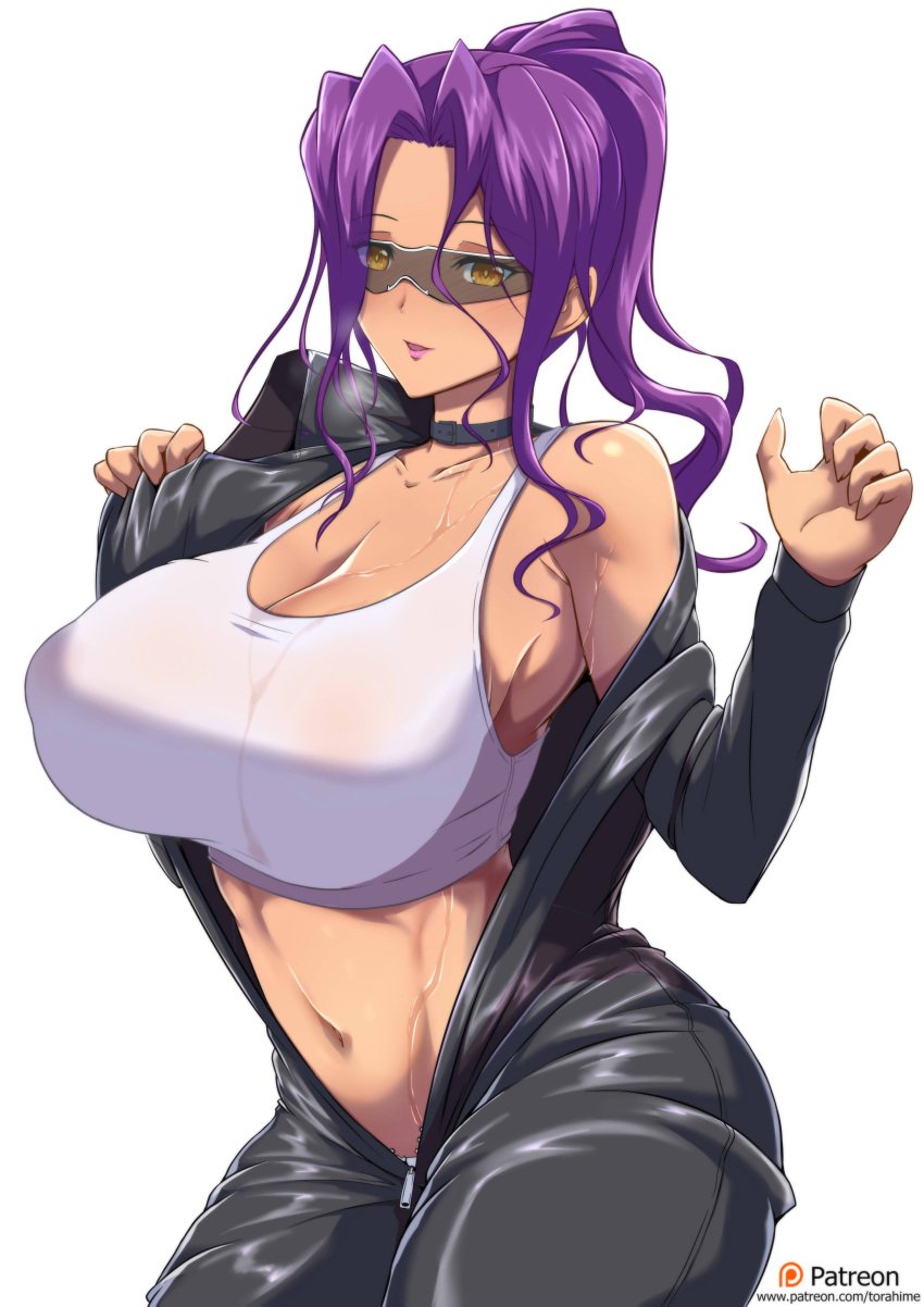 1girls big_breasts choker clothed collar curvy dark-skinned_female dark_skin female highschool_of_the_dead huge_breasts large_breasts ponytail purple_hair rika_minami solo torahime