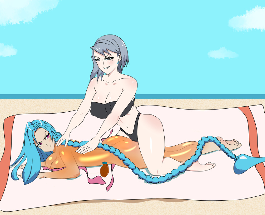 2girls angry anoneysnufftan applying_sunscreen beach bikini blue_hair blush_lines crossover earrings eastern_and_western_character edasbild embarrassed female female_only green_hair grey_eyes gyakuten_saiban huge_breasts humiliation imminent_death jinx_(league_of_legends) karuma_mei killer_lotion league_of_legends looking_back lotion massage multiple_girls murder oil oiled on_stomach peril pink_eyes punishment rubbing sitting_on_person snuff summer sunbathing sunscreen swimsuit towel untied untied_bikini