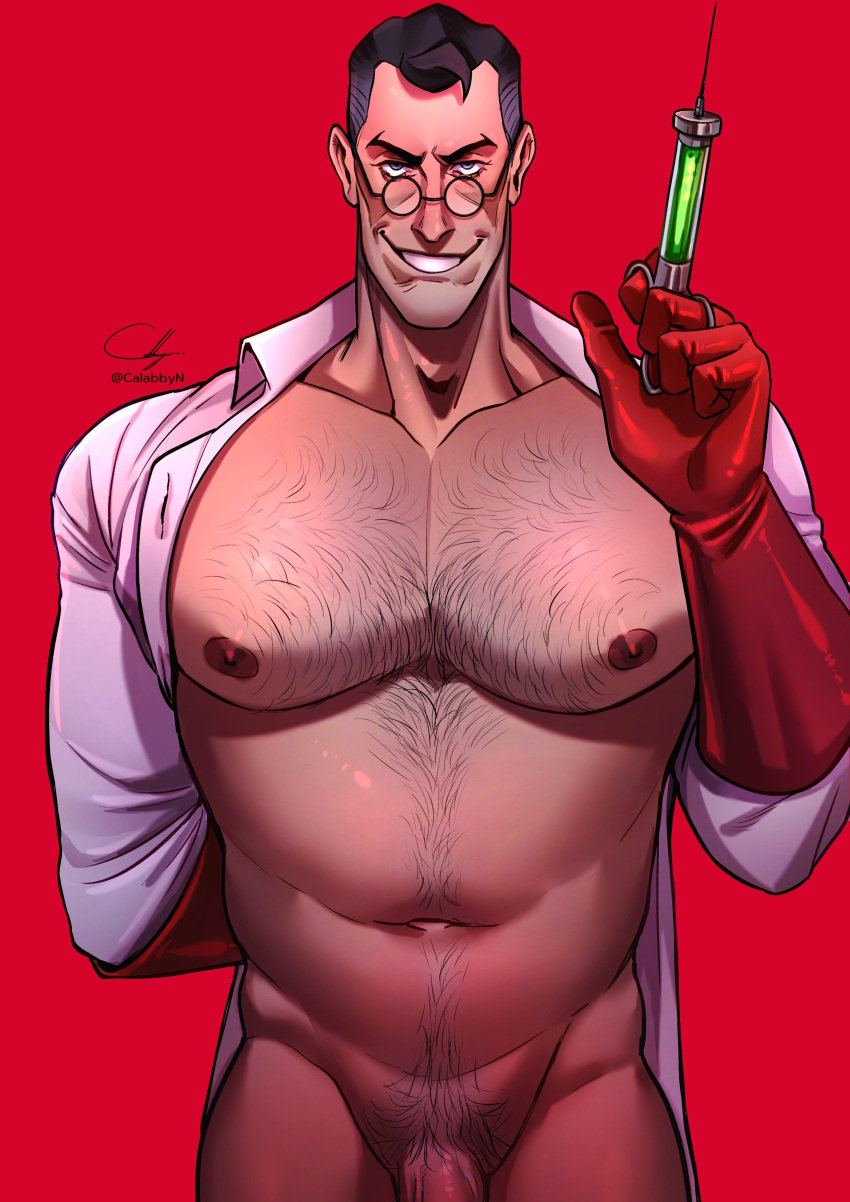 1boy abs bara bara_tiddies bara_tits big_pecs blackpink_in_ur_area blush body_hair chest_hair coat coat_on_shoulders daddy dilf doctor_sex egabbacc exposed_nipples front_view glasses gloves hairy hairy_chest hairy_male happy_trail holding_object holding_syringe huge_pecs human human_only large_pectorals light-skinned_male light_skin looking_at_viewer male male_chest male_focus male_only malicious_smile manboobs mature mature_male medic medic_(team_fortress_2) moobs muscles muscular muscular_male needle nipples open_coat pecs pectorals penis penis_out_of_frame pubic_hair red_background red_gloves round_glasses silver_fox smirk solo solo_focus solo_male standing syringe team_fortress_2 teeth teeth_showing valve