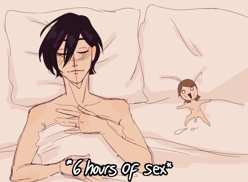 1boy 1girls 6_hours_of_sex after_sex asian asian_female attack_on_titan bed black_hair brown_hair closed_eyes cum cum_on_bed death_by_snoo_snoo death_by_snu_snu drained english_text exhausted female femdom funny hair_between_eyes humor in_bed interracial jean_kirstein jeankasa laying_down laying_on_bed male male/female malesub meme mikasa_ackerman miniature_male naked naked_female naked_male nude nude_female nude_male on_back on_bed penis pillow satisfied shingeki_no_kyojin straight tagme text