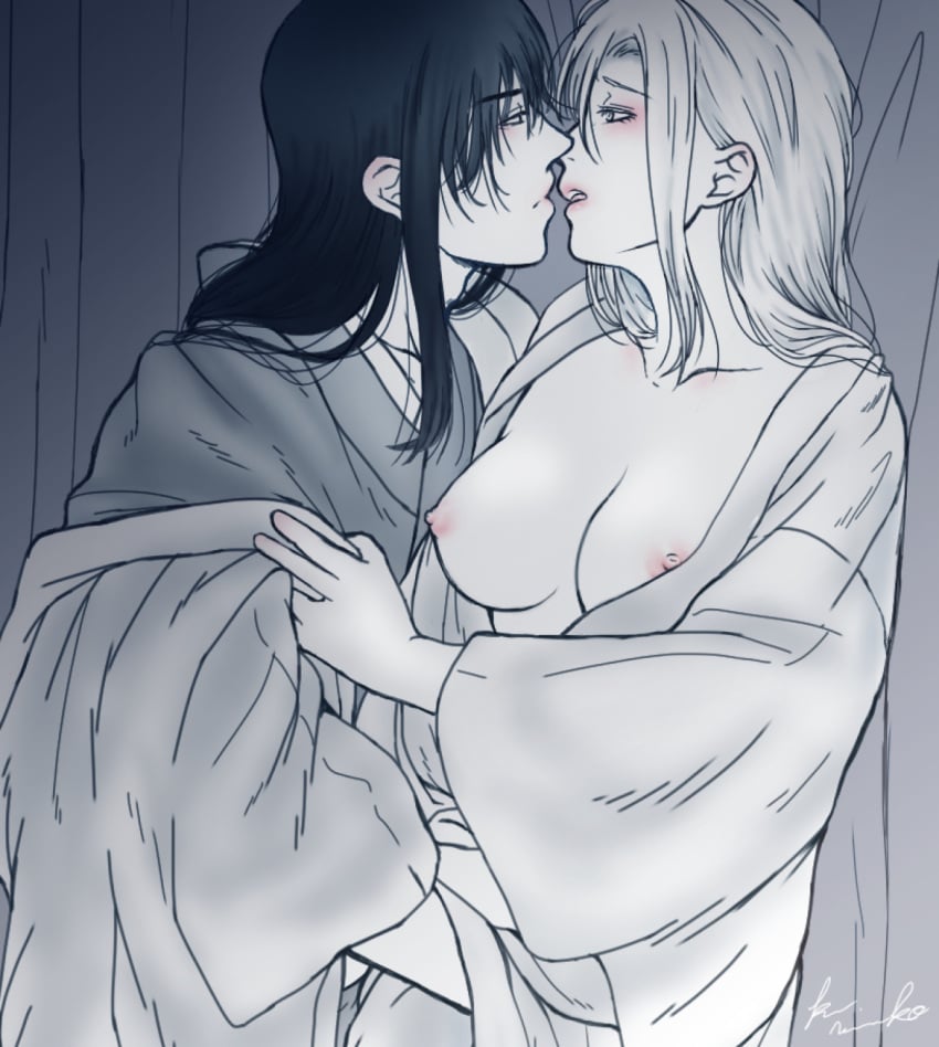 1boy 1girls breasts_out female gintama hair_down ikumatsu_nishiki katsura_kotarou kimono long_hair long_hair_male looking_at_another male medium_breasts messy_hair no_bra open_kimono parted_lips partially_undressed restricted_palette sodenosumi_(some_sumiko)