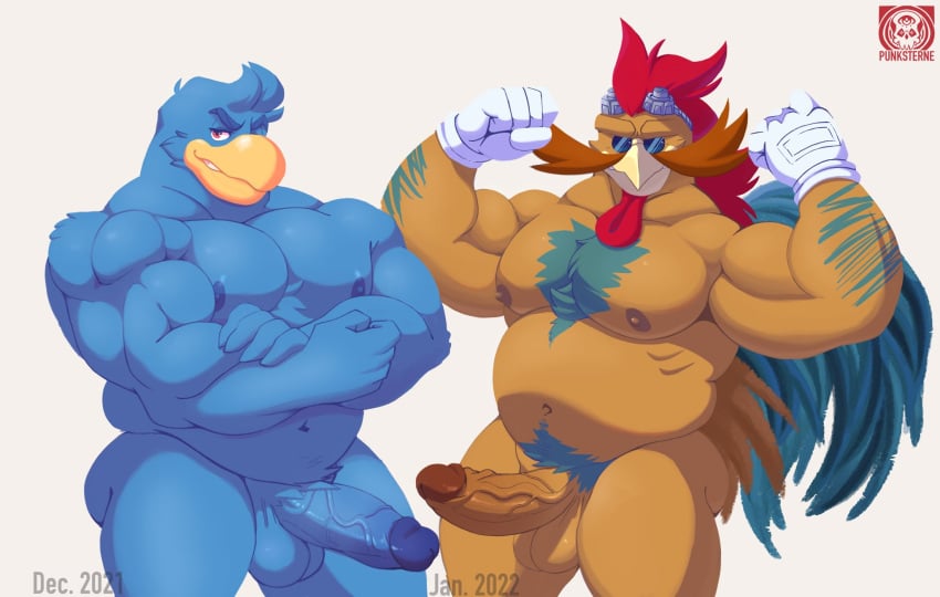 2022 2boys 5_fingers alternate_species anthro areola arm_hair avian avian_caruncle balls beak belly biceps big_balls big_penis biped bird blue_body blue_eyewear blursed_image body_hair bottomless brown_body chest_hair chicken chubby_anthro chubby_male clothed clothing dr._eggman duo eyewear feathers fingers fist galliform gallus_(genus) gay genitals glasses gloves goggles green_tail handwear hi_res king_dedede kirby_(series) male male/male male_only mammal nintendo nipples penis phasianid portrait sega shaded slightly_chubby sonic_(series) sonic_the_hedgehog_(series) three-quarter_view video_games vier_punksterne watermark