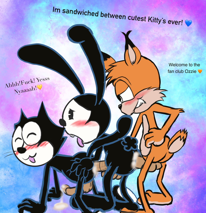 absurd_res anal anal_sex anthro ass blush bodily_fluids bubsy bubsy_(series) butt_grab cum cum_in_ass cum_inside disney domestic_cat dreamworks embarrassed felid feline felis felix_the_cat felix_the_cat_(series) genital_fluids genitals group group_sex half-closed_eyes hand_on_butt happy happy_sex hi_res lagomorph leporid looking_pleasured male male/male male_penetrated male_penetrating male_penetrating_male mammal narrowed_eyes negafelix oswald_the_lucky_rabbit penetration penis rabbit raised_tail sex sharp_teeth smug tail teeth threesome trio