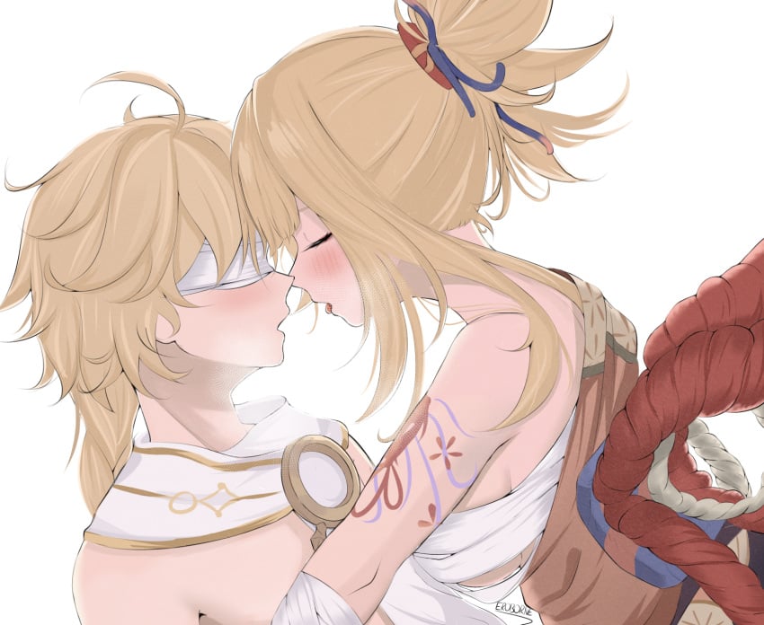 1boy 1girls aether_(genshin_impact) before_sex blindfold blonde_female blonde_hair blush colored drawing eroborne genshin_impact horny imminent_sex kissing long_hair mihoyo tongue_out yoimiya_(genshin_impact)