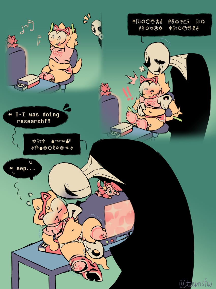 alphys animated_skeleton anthro blush bone clothing duo english_text eyewear fake_cat_ears fake_ears female finger_fuck fingering fingering_partner gaming gaster genitals glasses groping_breasts hi_res humanoid humanoid_on_anthro larger_male lizard mad_mew_mew male male/female mew_mew_(undertale) mew_mew_kissy_cutie nipple_fetish nipple_pinch nipple_play overweight panties pinch playing_videogame plushie pussy reptile scalie sex size_difference skeleton smaller_female surprise text tinybeasts toony undead undertale undertale_(series) underwear vaginal_penetration video_games wingdings