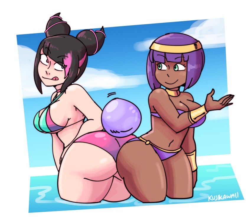 2girls asian asian_female ass_to_ass beach big_ass big_breasts big_butt bikini black_hair bob_cut bubble_butt capcom dark-skinned_female dark_skin egyptian egyptian_headdress female female_only green_eyes juri_han korean kujikawaii light-skinned_female menat pink_streak purple_hair street_fighter street_fighter_6 street_fighter_v tagme thick_thighs