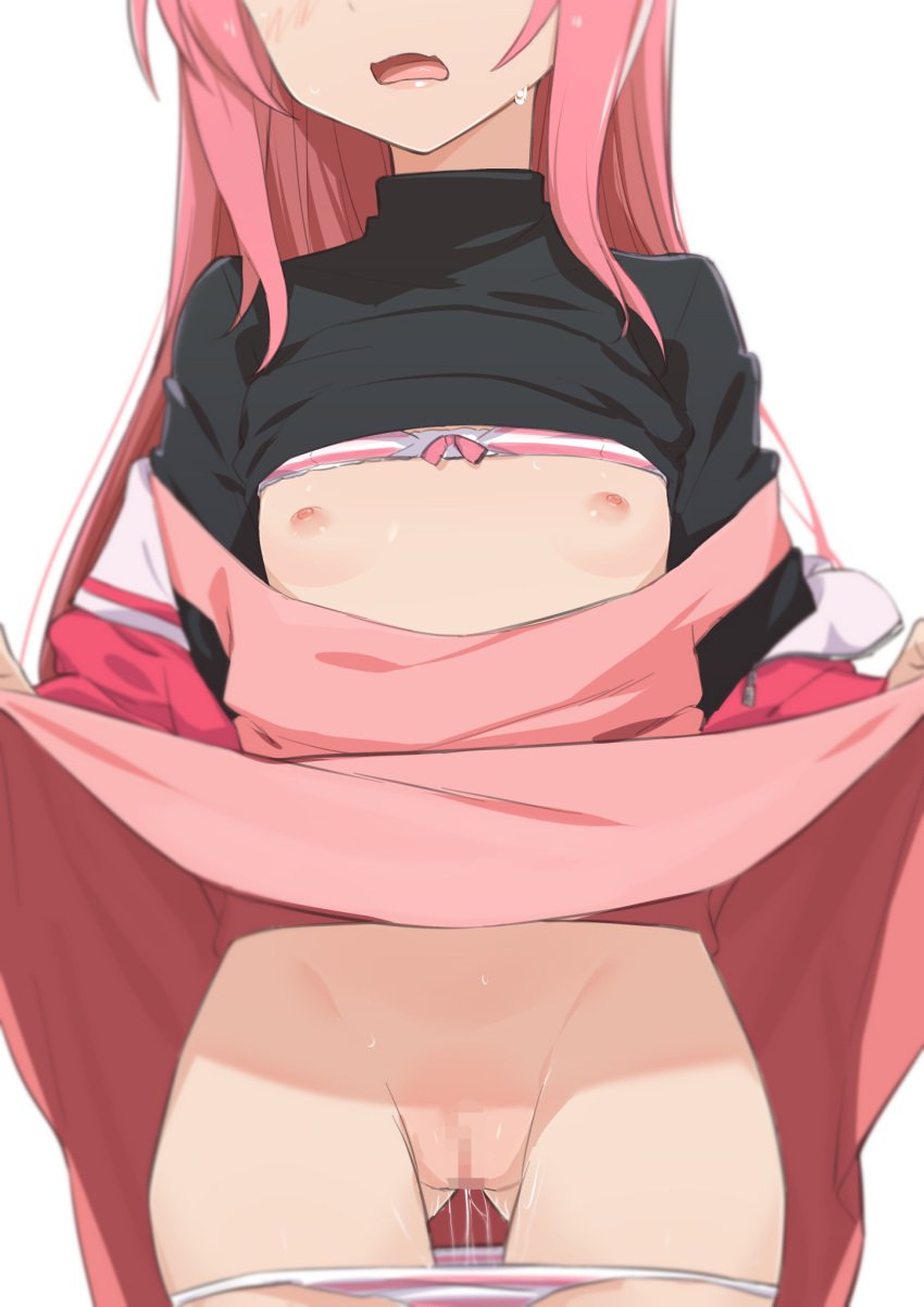 black_shirt bow bow_bra bra bra_lift breasts censored clothes_lift dress flat_chest hayate_no_gotoku! highres jacket katsura_hinagiku morisobo mosaic_censoring nipples panties panty_pull pink_bra pink_dress pink_hair pink_jacket pussy pussy_juice shirt shirt_lift skirt skirt_lift striped striped_bra turtleneck underwear