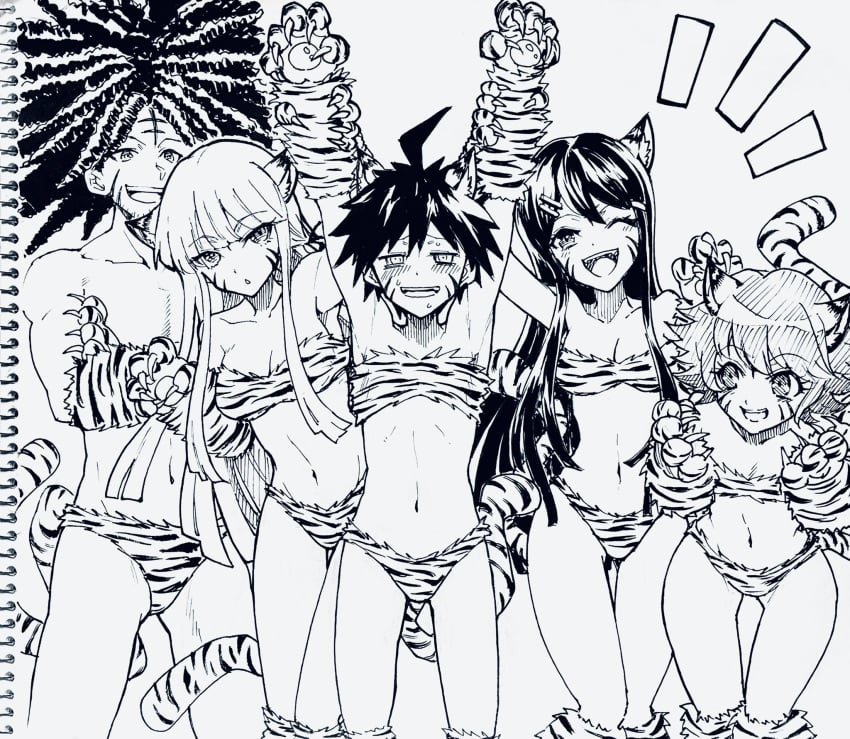 2girls 3boys bikini bikini_bottom bikini_top black_and_white breasts cleavage danganronpa danganronpa:_trigger_happy_havoc danganronpa_1 female femboy fujisaki_chihiro hagakure_yasuhiro kirigiri_kyouko large_breasts maizono_sayaka male monochrome multiple_boys multiple_girls naegi_makoto smooth_skin thick_thighs thighs tiger_bikini tiger_ears tiger_paws tiger_print tiger_print_bikini tiger_tail tsunemi_aosa