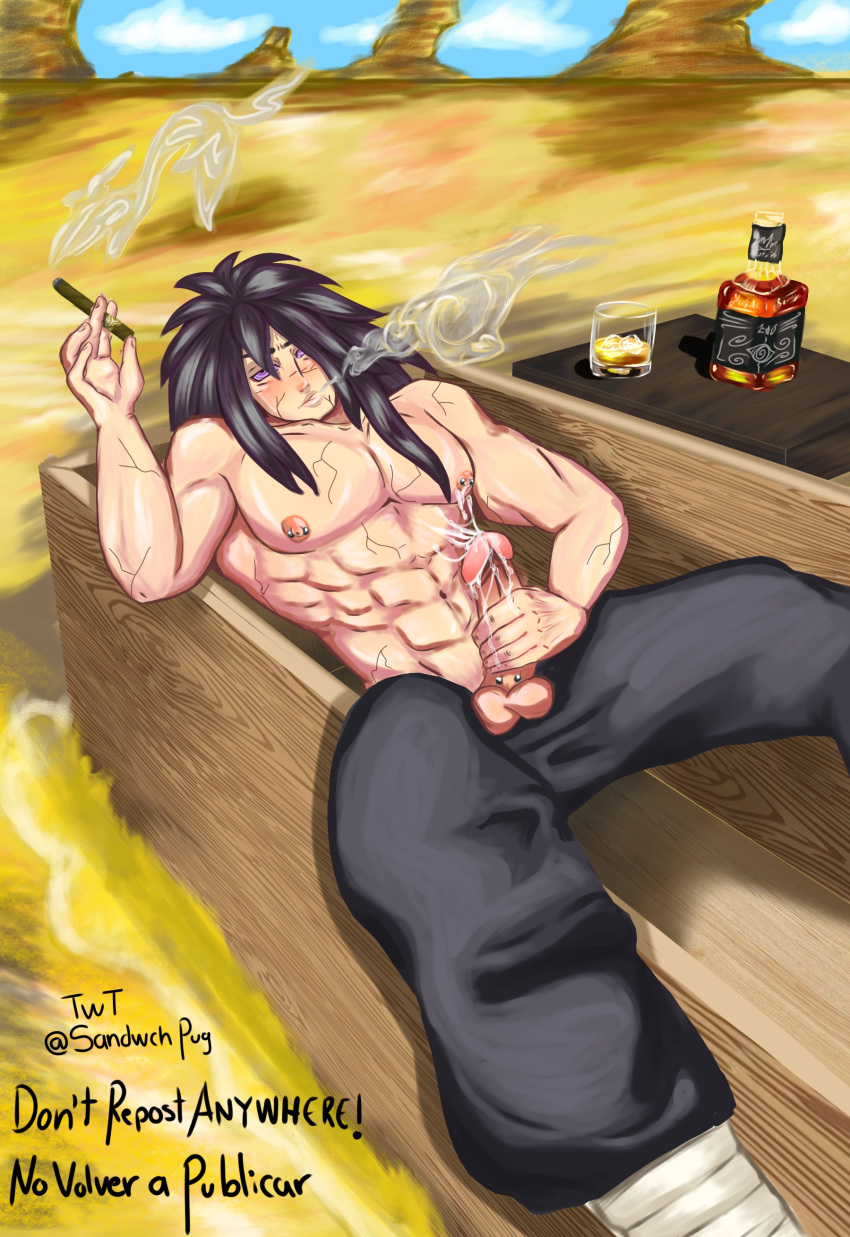 1boy black_hair cigar coffin desert male_only masturbation muscular_male naruto naruto_shippuden nipple_piercing purple_eyes smoking sole_male solo solo_male uchiha_madara