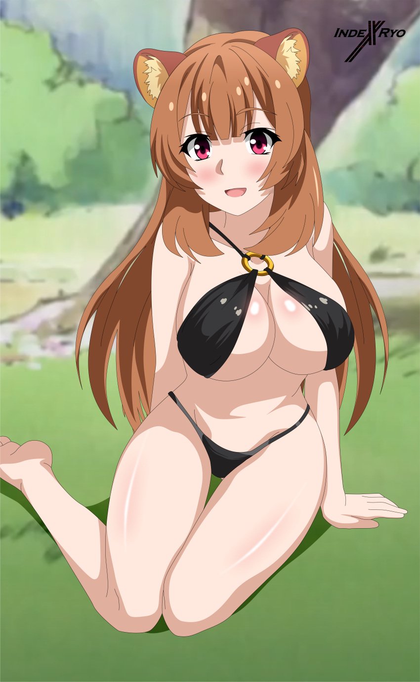 1girls barefoot big_breasts breasts brown_hair completely_nude feet high_resolution indexryo looking_at_viewer nude open-mouth_smile open_mouth outdoor_nudity outdoors pink_eyes pussy racoon_ears raphtalia sitting smile solo tate_no_yuusha_no_nariagari toes very_high_resolution