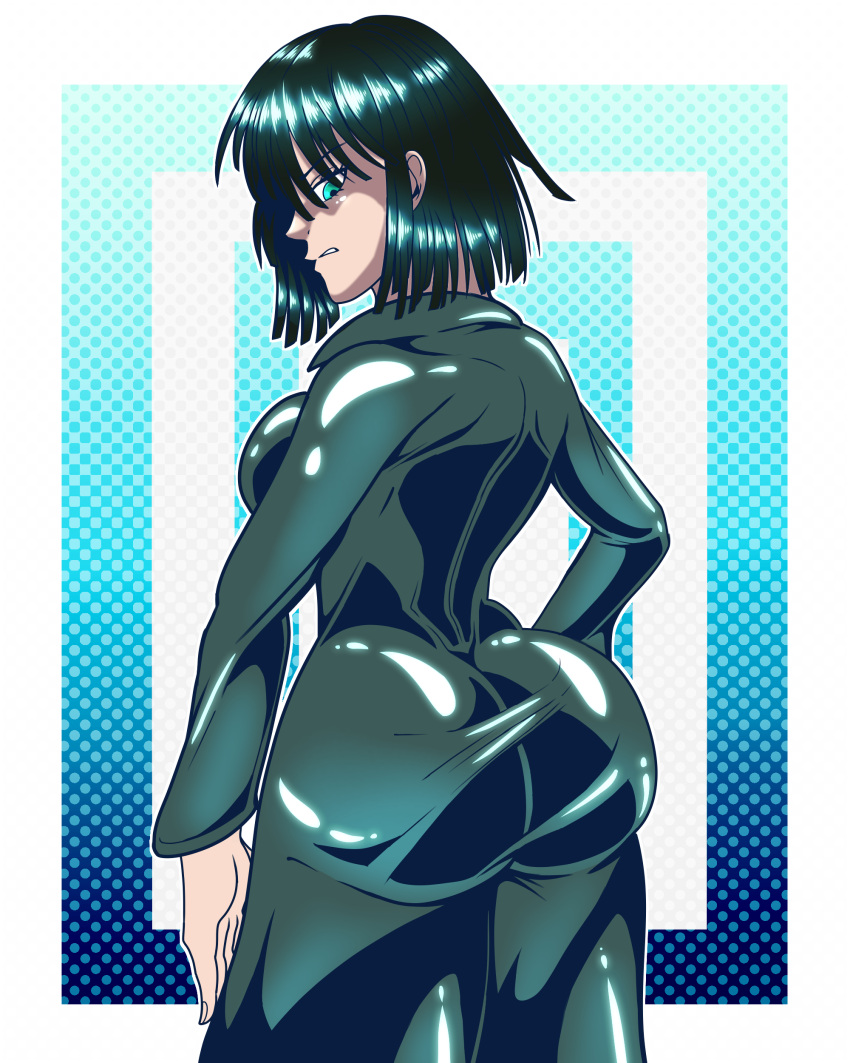 ass ass_in_dress big_ass bubble_butt dress dual_dragon fubuki_(one-punch_man) fully_clothed green_eyes green_hair huge_ass looking_back medium_hair one-punch_man shiny_clothes sideboob tight_clothing tight_dress