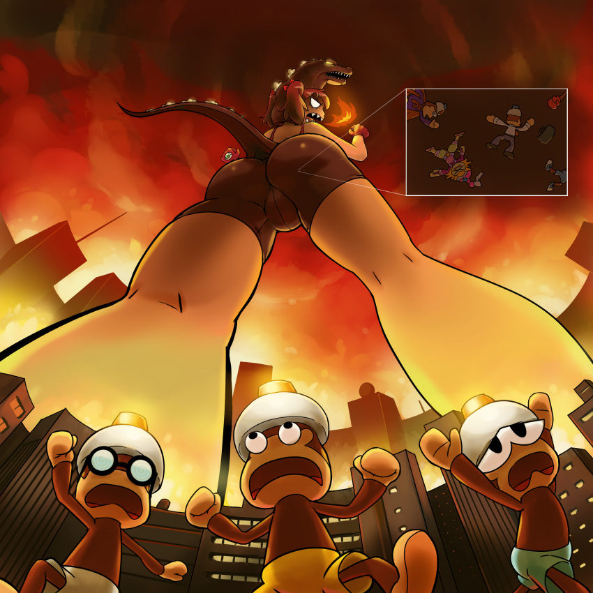 1girls angry ape_escape ass bike_shorts brown_hair bubble_butt dat_ass female fire from_below giant giantess glasses godzilla_(series) highres legs malev monkey open_mouth parody pipo_monkey sayaka scared sports_bra thighhighs twintails yumi