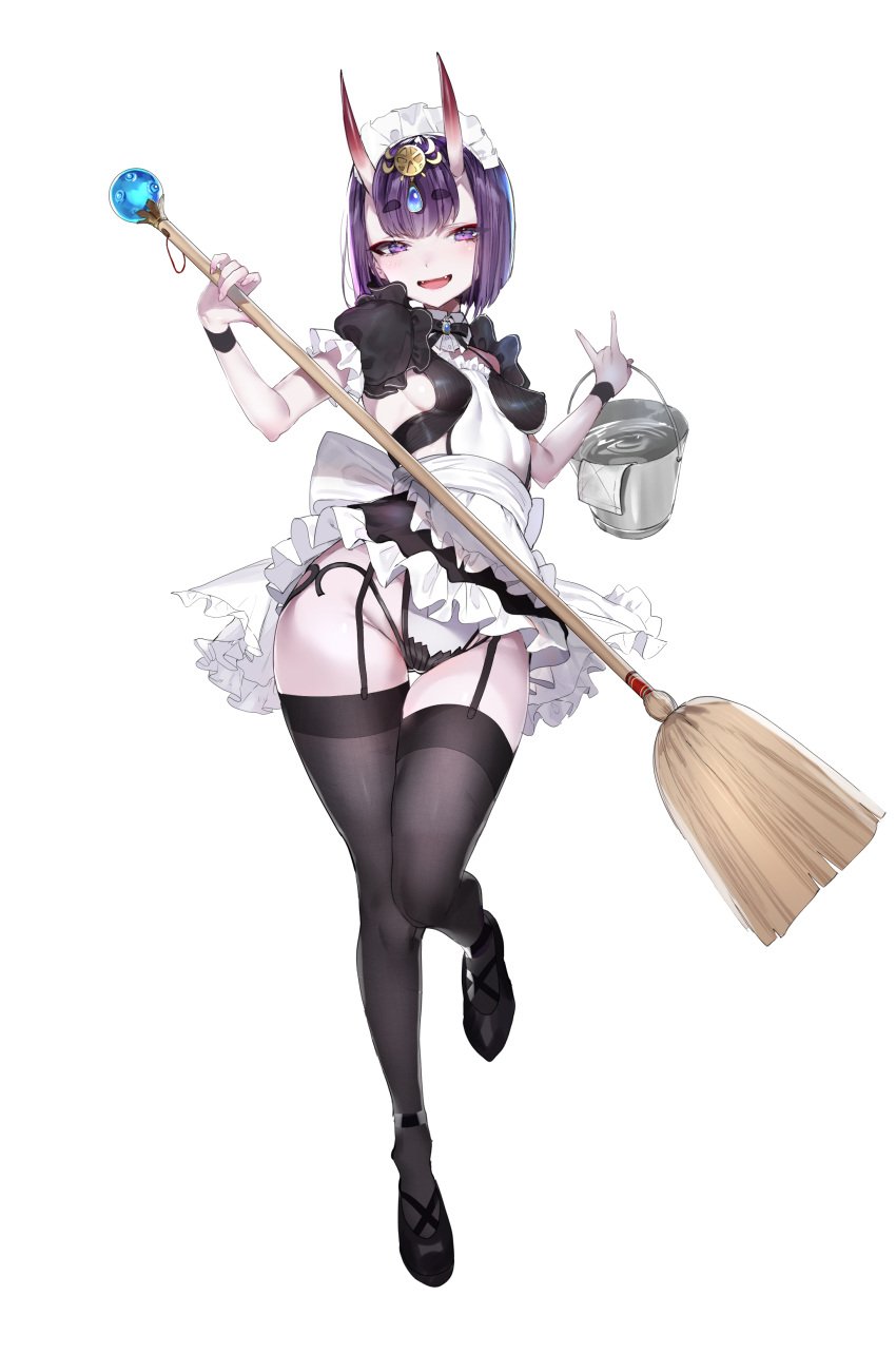 absurdres alternate_costume apron bangs black_footwear black_thighhighs blush bob_cut breasts broom dress fangs fate/grand_order fate_(series) female frills full_body headpiece highres horns lips looking_at_viewer maid maid_apron maid_headdress nekometaru oni oni_horns open_mouth purple_eyes purple_hair revealing_clothes short_eyebrows short_hair short_sleeves shuten_douji_(fate) simple_background skin-covered_horns skirt small_breasts smile solo thighhighs waist_apron white_background wrist_cuffs