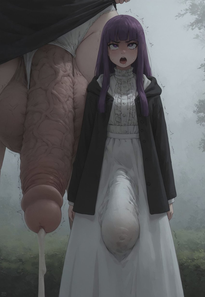 ahegao_face ai_generated bangs blunt_bangs bulge bulge_through_clothing civitai cock cock_focus cum cumming erection_under_clothes fern_(sousou_no_frieren) focus_on_penis frieren_beyond_journey's_end futanari hi_res huge_balls huge_cock impact_lines large_balls large_penis large_testicles massive_penis motion_lines open_mouth orgasm_face panties_aside penis_focus purple_eyes purple_hair rolling_eyes sousou_no_frieren veiny_balls veiny_penis veiny_testicles zoom_layer