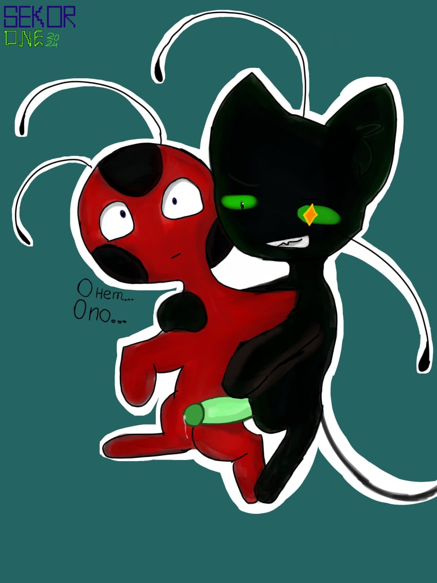 artist_name cat_ears cat_tail cock green_eyes green_penis kwami miraculous_ladybug plagg shitpost tagme tikki_(miraculous_ladybug)